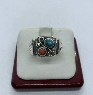 Vintage Sterling Silver Coral And Turquoise Navajo Made Ring Size 10