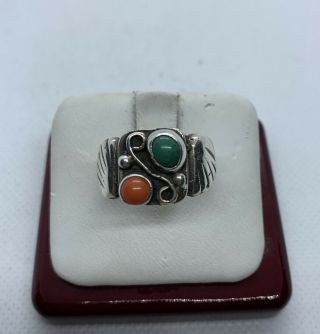 Vintage Sterling Silver Coral And Turquoise Navajo Made Ring Size 10.  25