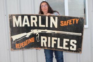Large Vintage Marlin Safety Repeating Rifles Gun Hunting Gas Oil 48 " Metal Sign