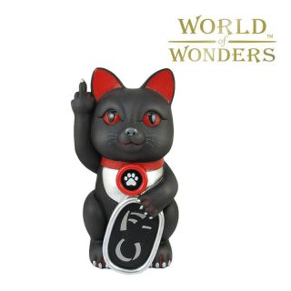Black Maneki Neko Cat Figurine Middle Finger Collectible Good Luck Statue 7 "