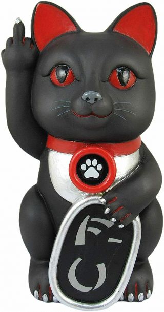 Black Maneki Neko Cat Figurine MIddle Finger Collectible Good Luck Statue 7 