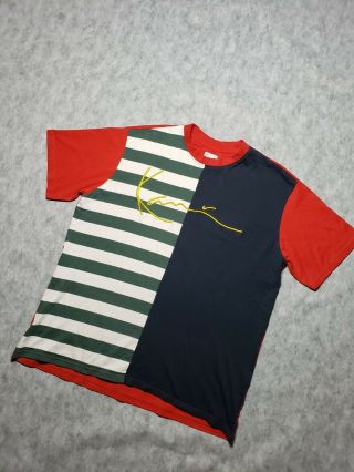 good cond Men ' s KARL KANI Color Block & Striped t - shirt Medium vtg 90s 2