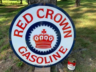 " Red Crown Gasoline " Large,  Double Sided Porcelain Sign (dated 1936) 30 " Inch