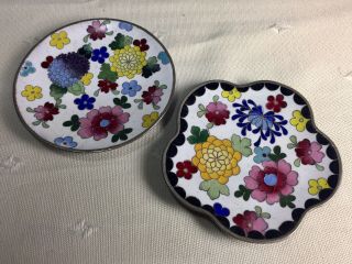 2 Vintage Small Chinese Cloisonné Floral Enamel Plates/dishes Multi - Color