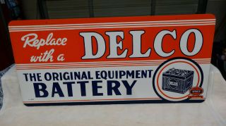 " Delco Battery " Metal Advertising Sign (32 " X 15 ") Very