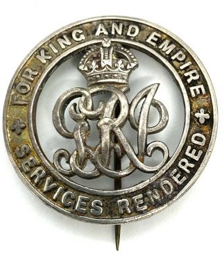 Cww1 Vintage Sterling Silver Pin Badge For King And Empire Services Rendered