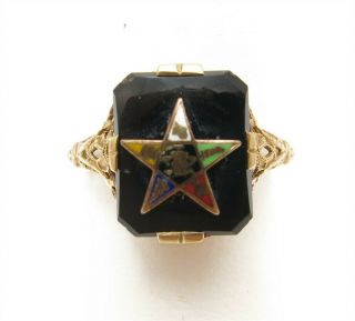Vintage Order Of The Eastern Star 10k Gold Enamel Star Black Onyx Filigree Ring