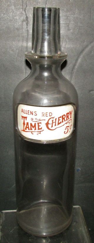 Allens Red Tame Cherry 5¢ Soda Fountain Syrup Label Under Glass Back Bar Bottle