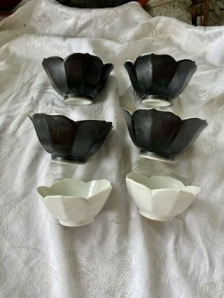 Set Of 6 Vintage Porcelain Lotus Flower Bowls Black & White