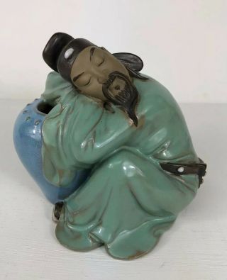 Vintage Chinese Mudman (shiwan) Artistic Ceramic Figurine.  Man Sleeping On Vase