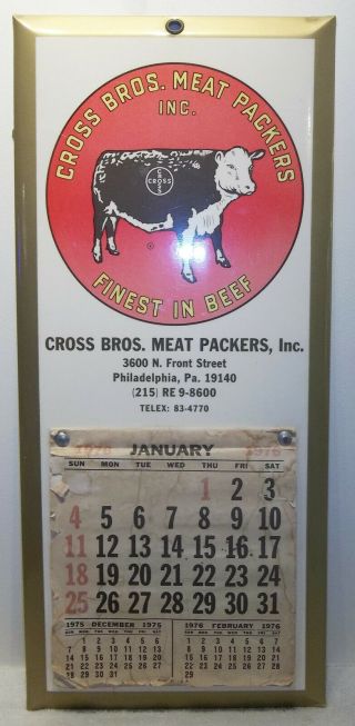 1976 Cross Bros.  Meat Packing Tin Calendar Boxing Rocky Joe Frazier Punching Beef