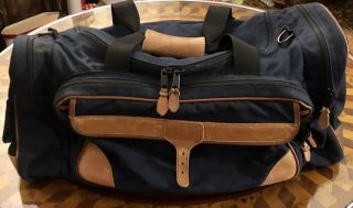 Vintage Ll Bean Blue Canvas & Tan Leather Duffle Bag Usa Freeport Maine L.  L.  Big