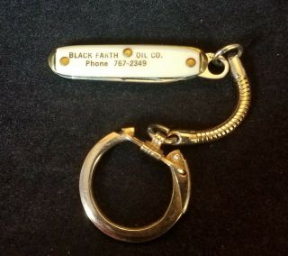 Vintage Black Farth Oil Co Advertising Keychain Folding Pocket Knife Made In Usa