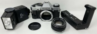 Vintage Olympus Omg 35mm Slr Film Camera Bundle - Flash,  Lens,  Winder -