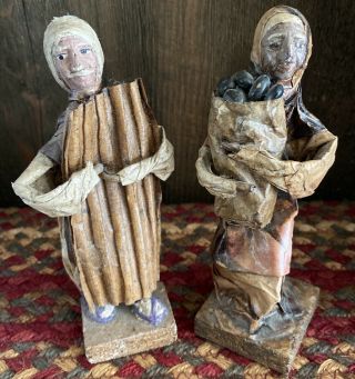 Vintage Paper Mache Mexican Folk Art Old Man & Woman On Wood Bases 6.  25”