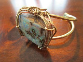 Vtg Coober Pedy Opal Stone Natural Finish Brass Cuff Bracelet Blues