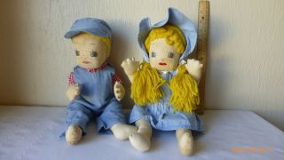 Vintage Handmade Rag Doll Embroidery Eyes Country Boy And Girl Folk Art Set Of 2