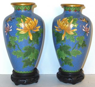 Pair/set Of (2) Vintage Asian CloisonnÉ 6 - 1/2 " Vases On Carved Wooden Bases Nr