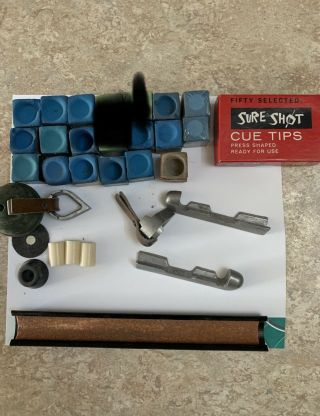 17 Pc Vintage Sure Shot Pool And Other Brands Plus Cue Tips Brace View Photos