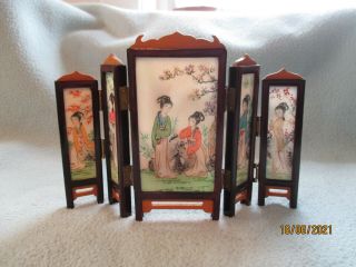 Vintage Small Chinese Hand Painted Wood & Hard Stone Screen