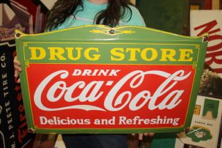 Large Coca Cola Drug Store Soda Pop Gas Oil 27 " Porcelain Metal Sign