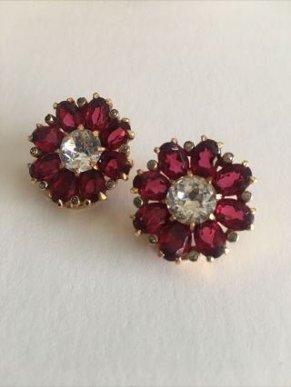 Vtg Mazer “ruby” & “”diamond” Rhinestone Gold Tone Clip On Earrings