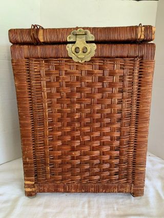 Vintage Wicker Clothes Hamper | Laundry Basket | Hinged Lid | 20h X 15w X 11d