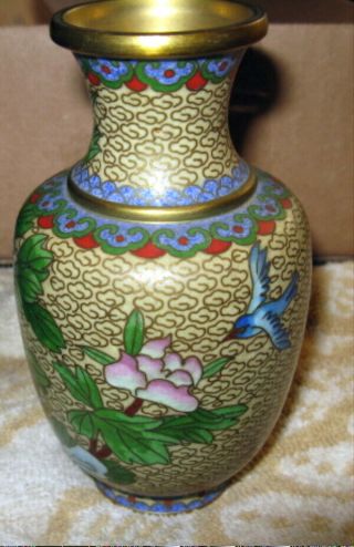 Vintage Mini Cloisonne Vase 5 1/4 " Tall Gold Blue Red With Flowers & A Bird