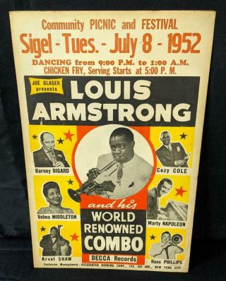 Rare 1952 Jazz Concert Poster Louis Armstrong His World Renowned Combo