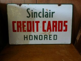 Vintage Porcelain Sign Sinclair Credit Cards Honored Double Sided 14 1/4 X 23 In