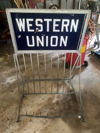 Rare 1930 - 1940 Western Union Porcelain Double Sided Sign Bike Rack