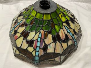 Vintage Tiffany Style Stained Glass Lamp Shade 14” Wide - Dragonfly Theme