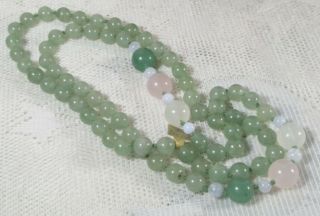 Vintage Spinach Jade,  Rose Quartz Gem Stone Bead Necklace Hand Knotted 30 " Long