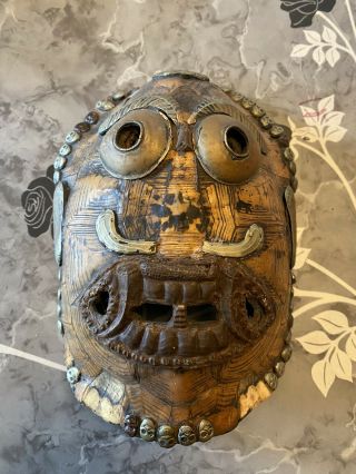 Vintage Ceremonial Tibetan Buddhist Turtle Shell Kapala Mask Tribal Metal