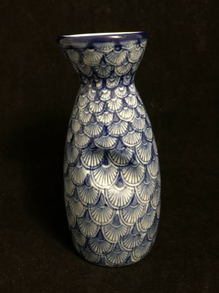Sake Ceramic Pour Bottle 5 - 1/4” Bud Vase White W Painted Blue Fish Scale Pattern