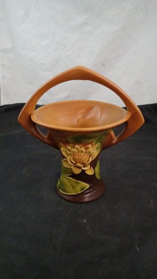 Vintage Roseville Pottery Brown Water Lily Basket 380 - 8 "