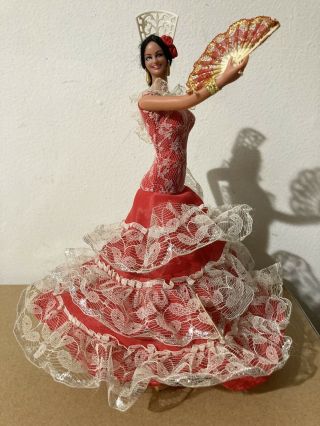 10 " Vintage Marin Chiclana Spanish Doll Flamenco Dancer Red Gown Rare Model