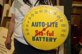 Vintage 1950s Autolite Car Battery Ford Gas Oil 12 " Metal Thermometer Sign