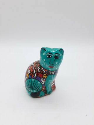 Vintage Talavera Terra Cotta Cat Figurine Hand Painted Folk Art Mexico