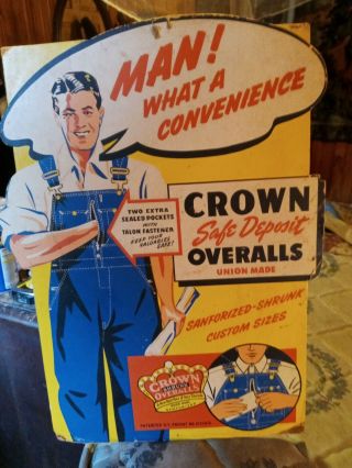 Rare Early 1900s Crown Shrunk Overalls Work Clothing Cardboard Sign