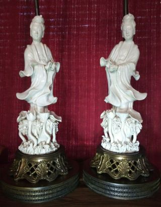 Pair Antique Blanc De Chine Chinese Goddess Guanyin Figurine Table Lamps