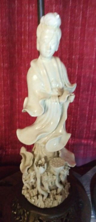 Pair Antique Blanc de Chine Chinese Goddess Guanyin Figurine Table Lamps 2