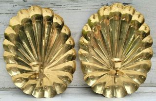 Vtg Mcm 2 Brass Nautical Clam Shell Wall Candle Sconces Hollywood Regency 12x9.  5