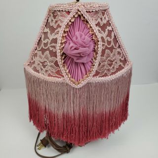 Vintage Victorian Style Table Lamp W/ Handmade Art Shade Rose Lace Fringe 14x10 "