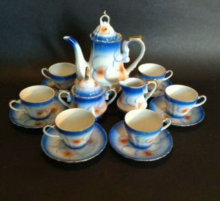 Vintage Grace 15 Pc Tea Pot Set - Demitasse Cups & Saucers - Blue - Yamayo Japan