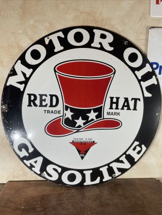 Large Vintage  Red Hat  Motor Oil & Gasoline 30 Inch Porcelain Dealer Sign