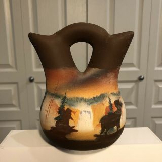 Vtg Native American Wedding Vase Art Pottery Nature Animal Scene Rwa 1999