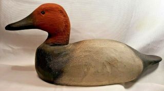 Vintage Rustic Wooden Red Head Duck Decoy Hand Carved Rough Texture 15.  5 " Long
