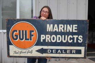 Large Vintage Gulf Marine Products Outboard Boat Motor Oil Gas 48 " Metal Sign