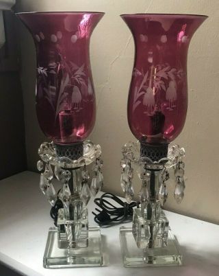 2 Vintage Cranberry Glass Hurricane Etched Lamps Base Shade Crystal Pendants